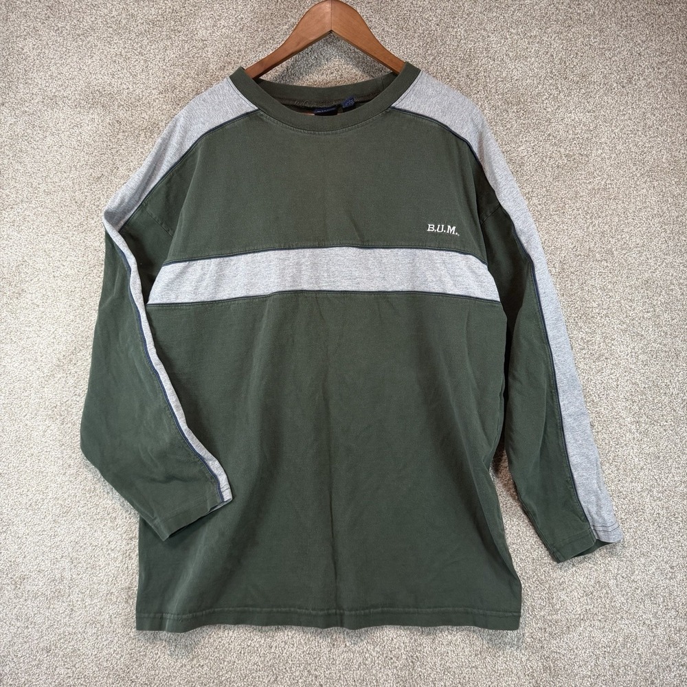 VTG Y2K BUM Equipment Men's Shirt XXL Skater Grunge Stripe Green Grey Cotton